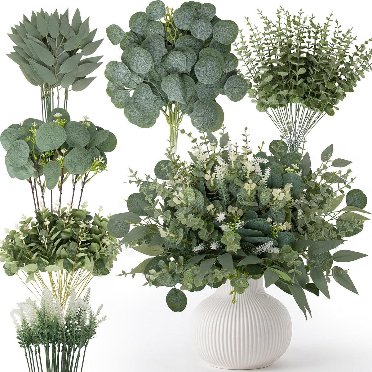 rowfad 135 pcs artificial eucalyptus stems, mixed greenery shown in use