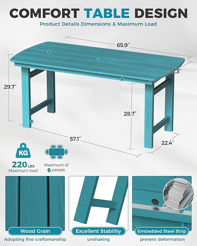 Ciokea HDPE Outdoor Dining Table with Umbrella Hole,66" Rectangle Patio Table for 6,All-Weather Outdoor Patio Furniture Set for Garden Backyard, Lake Blue