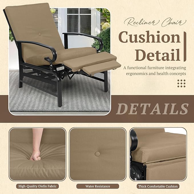 Oakcloud Adjustable Outdoor Lounge Chair Metal Patio Relaxing Recliner Chair with Removable Cushions(Brown)