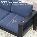 Solaste Aluminum Outdoor Couch, 3-Seat Metal Outdoor Sofa with Water-Resistant Cushion, Weather-Resistant Modern Patio Sofa, Black Frame Blue Cushion