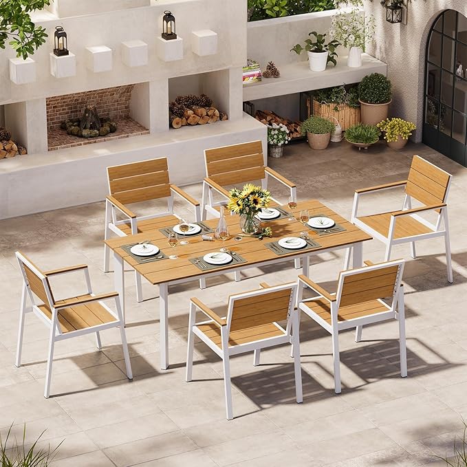 Aluminum Outdoor Dining Set for 6, Patio Table and Chairs Set with Umbrella Hole, 7 Pieces HDPS Outdoor Furniture Sets for Patio, Garden (White & Teak)
