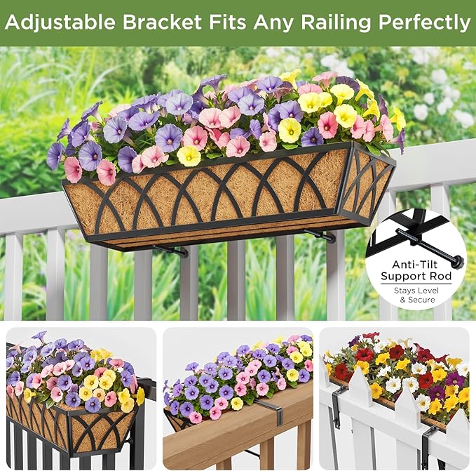 24 Inch Window Deck with Coco Liner, 24" Window Boxes Horse Trough with Coconut Coir Liner, Fence Metal Hanging Flower Planter Window Basket Deck Railing Planter Boxes for Outdoor Garden Lawn, 4pcs