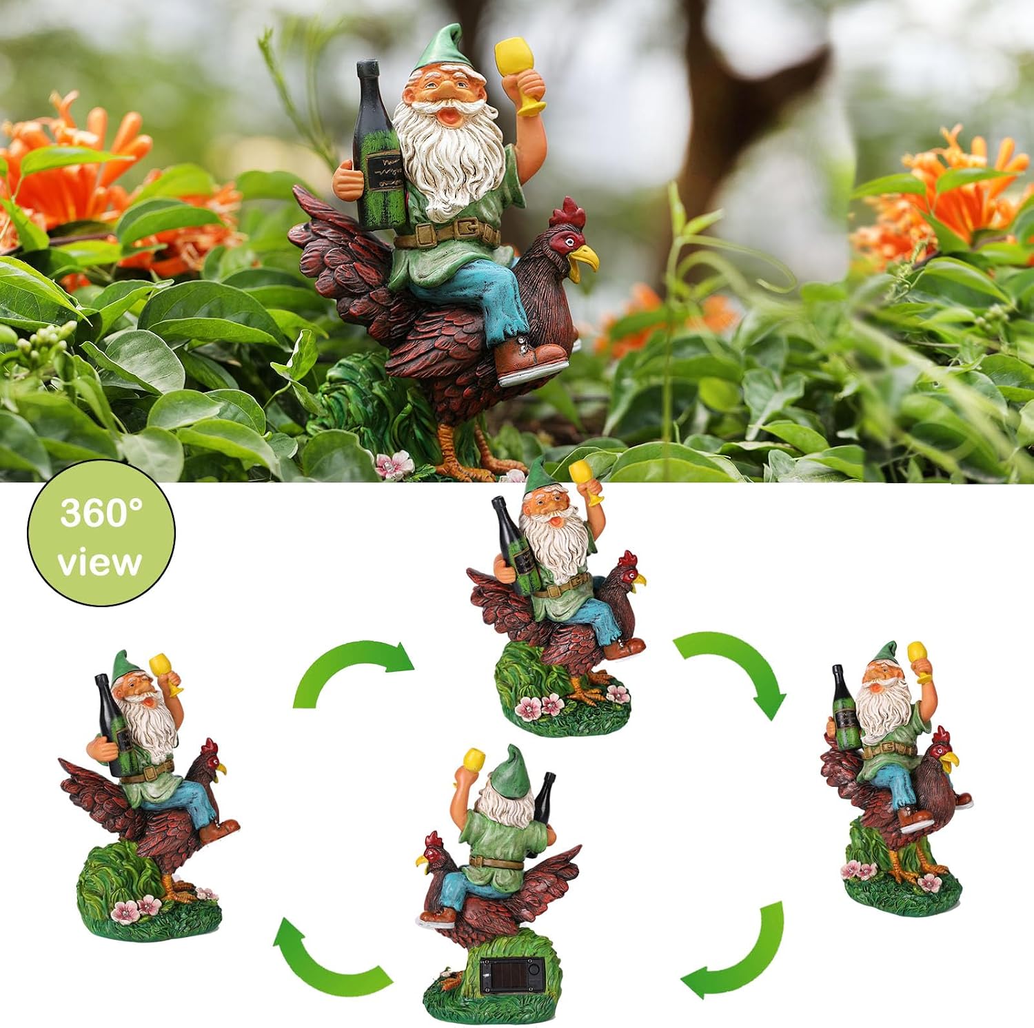 Garden Gnomes Statue Outdoor Decor,Funny Gnome Riding Rooster Sculptures Art Decor, Ideal Decoration for Yard Balcony Patio Lawn Home House - Birthday Gifts