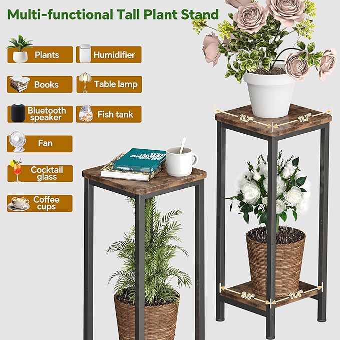 Homeiju Plant Stand Indoor, 2 Tier Wood Corner Plant Stand, Modern Square Plant Shelf Flower Stand for Living Room Patio Balcony Garden, Rustic Brown
