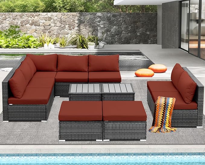 NICESOUL 11 Piece L Shape Patio Furniture Set, 29.3'' High Back Comfy Rattan Outdoor Conversations, Big Size Deep Seated Contemporary Sectionals for Backyard Deck Porch, 2 Color Cushion Red & Gray