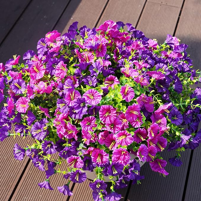 Artificial Flowers for Outdoors, UV Resistant Fake Silk Morning Glory, Realistic Faux Plants for Outside Porch Patio Window Box Hanging Planter (16, Purple Fuchsia)