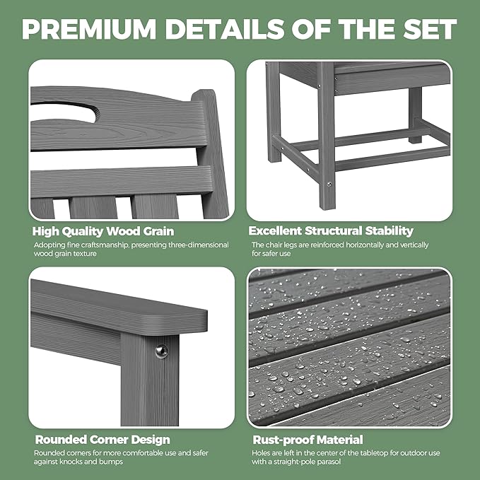 HDPE Outdoor Patio Dining Set with Table & 4 Chairs, All-Weather 5-Piece Outdoor Table and Chairs, 2" Umbrella Hole, Patio Furniture for Garden, Backyard, Deck | Grey