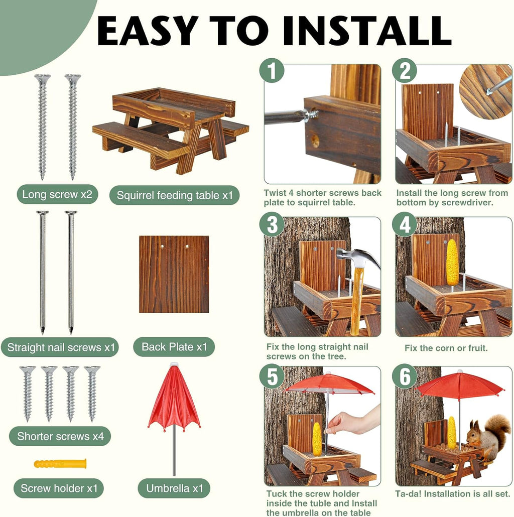 Squirrel Feeder with Umbrella Squirrel Table Feeder with Sturdy Squirrel Feeder with Corn Cob and Peanut Tray Holder Sturdy with Solid Structure Easy to Install