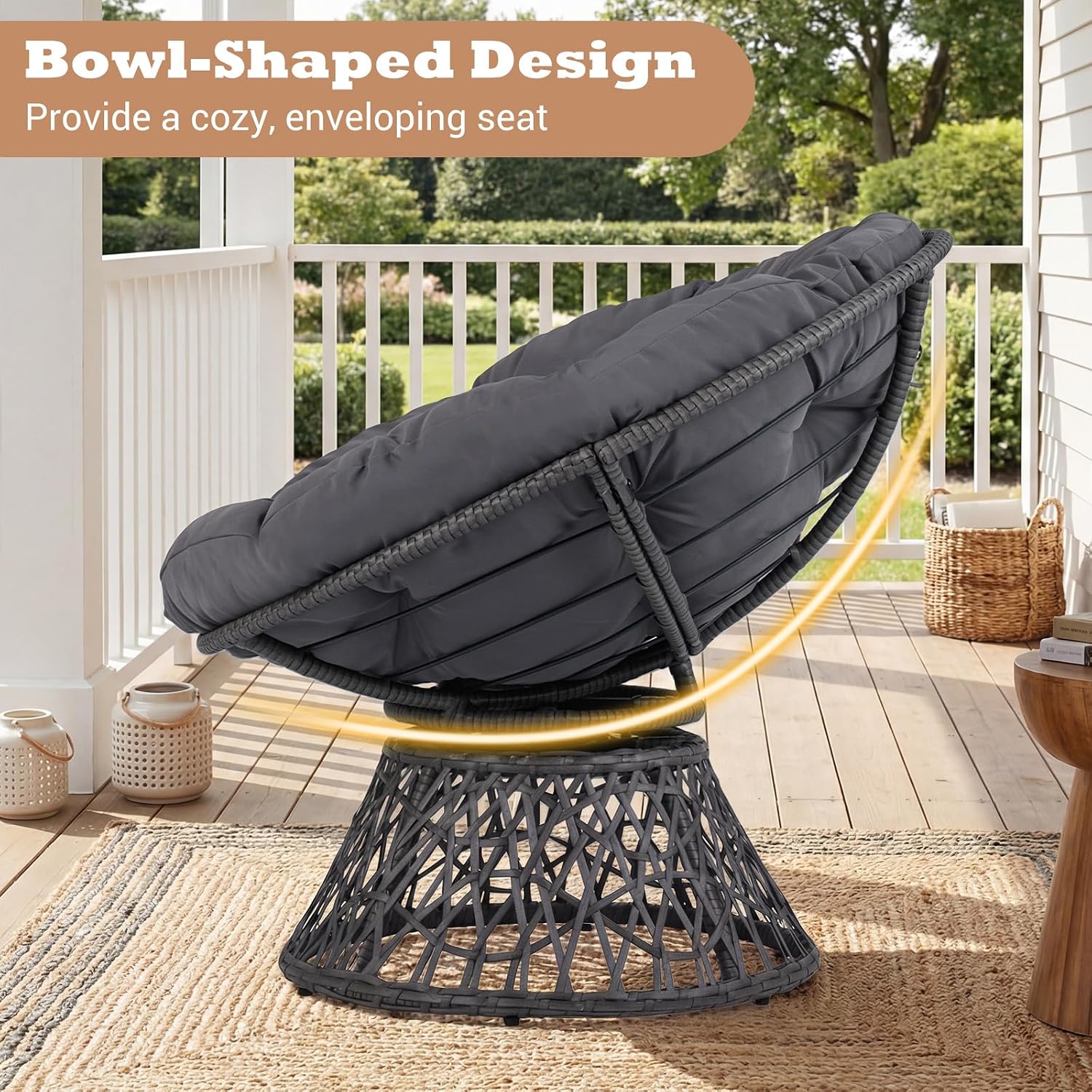 Giantex Wicker Papasan Chair with Soft Thick Cushion and High Capacity Metal Frame, 360° Swivel Ergonomic Lounge Reading Chair for Living Room, Bedroom, Patio, Indoor Outdoor Use (Grey)