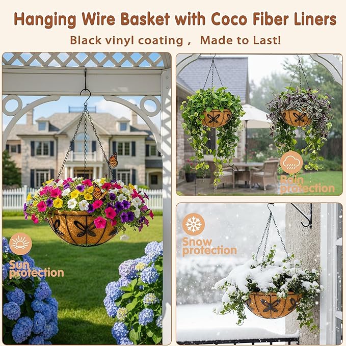 Metal 10 inch Round Planter, 4 Pack Hanging Wire Basket with Coco Fiber Liners for Outdoor Plants, Garden, Patio, Deck, Porch
