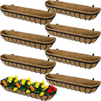 8 Pack 24 Inch Window Deck Railing Planter Boxes with Coconut Liner, Large Hanging Window Flower Boxes Metal Railing Planter for Balcony Fence Porch (8, 24 Inch)