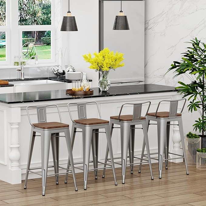 Yongchuang 24 inch Barstools Set of 4 Counter Height Bar Stools Farmhouse Kitchen Metal Bar Chairs with Wood Seat Low Back Silver