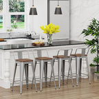 Yongchuang 24 inch Barstools Set of 4 Counter Height Bar Stools Farmhouse Kitchen Metal Bar Chairs with Wood Seat Low Back Silver