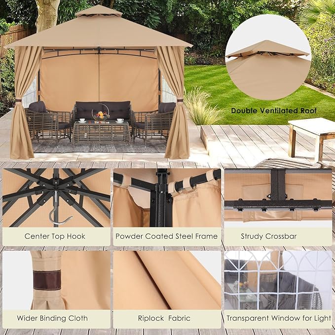 MASTERCANOPY Patio Gazebo Steel Frame Outdoor Gazebo with Windows Curtains (9x9, Beige)