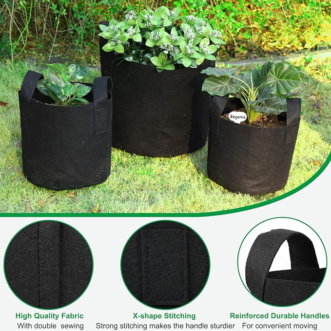 JERIA 12-Pack 20 Gallon Grow Bags, 300G Thickened Nonwoven Garden Pots,Heavy Duty Fabric Pots with Reinforced Handles