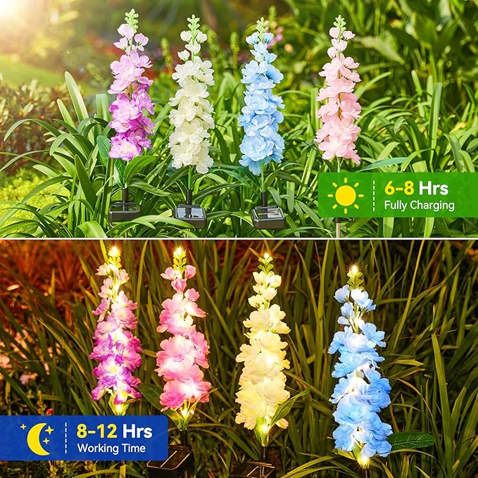 KOOPER Solar Lights Outdoor Garden Decor, 4 Pack Upgraded Delphinium Solar Garden Lights with 36 LEDs, Vivid Flowers Outdoor Waterproof for Landscape Patio Yard Decor