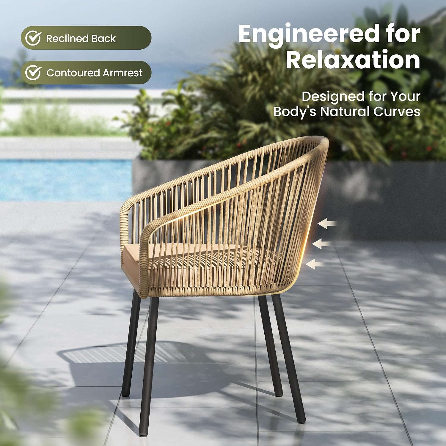 PHI VILLA Wicker Patio Dining Chairs Set of 4 Rope Rattan Chairs | Outdoor Modern Brown Rope Rattan Chairs with Metal Legs & Cushions, Outside Dining Chairs for Deck, Porch, Backyard