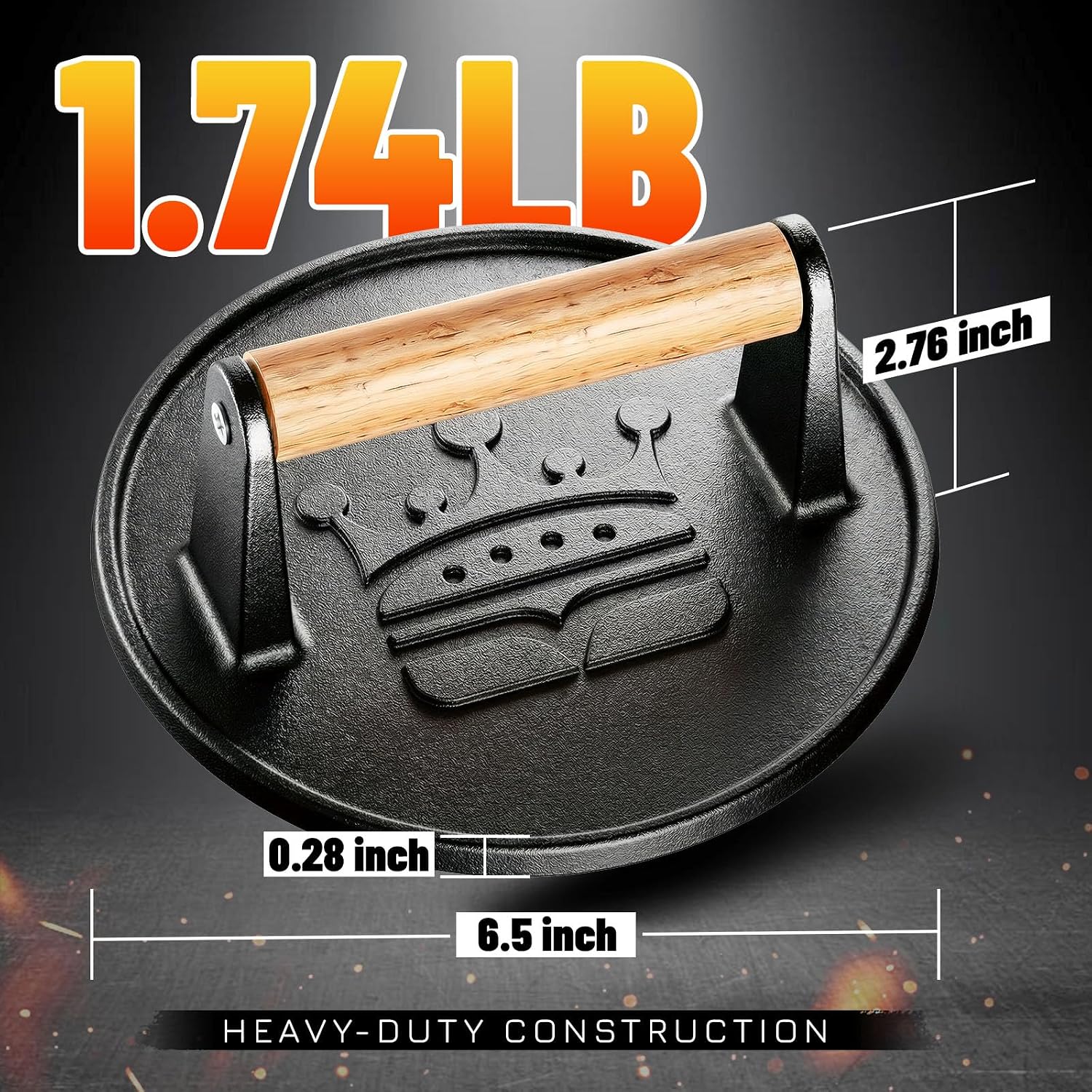 Smash Burger Press 6.5",Cast Iron Flat Round Burger Smasher, Gift | 2lb Heavy-Duty Grill Bacon Meat Press with Wood Handle,Nonstick hamburger Smasher for griddle accessories,BBQs and Tailgates