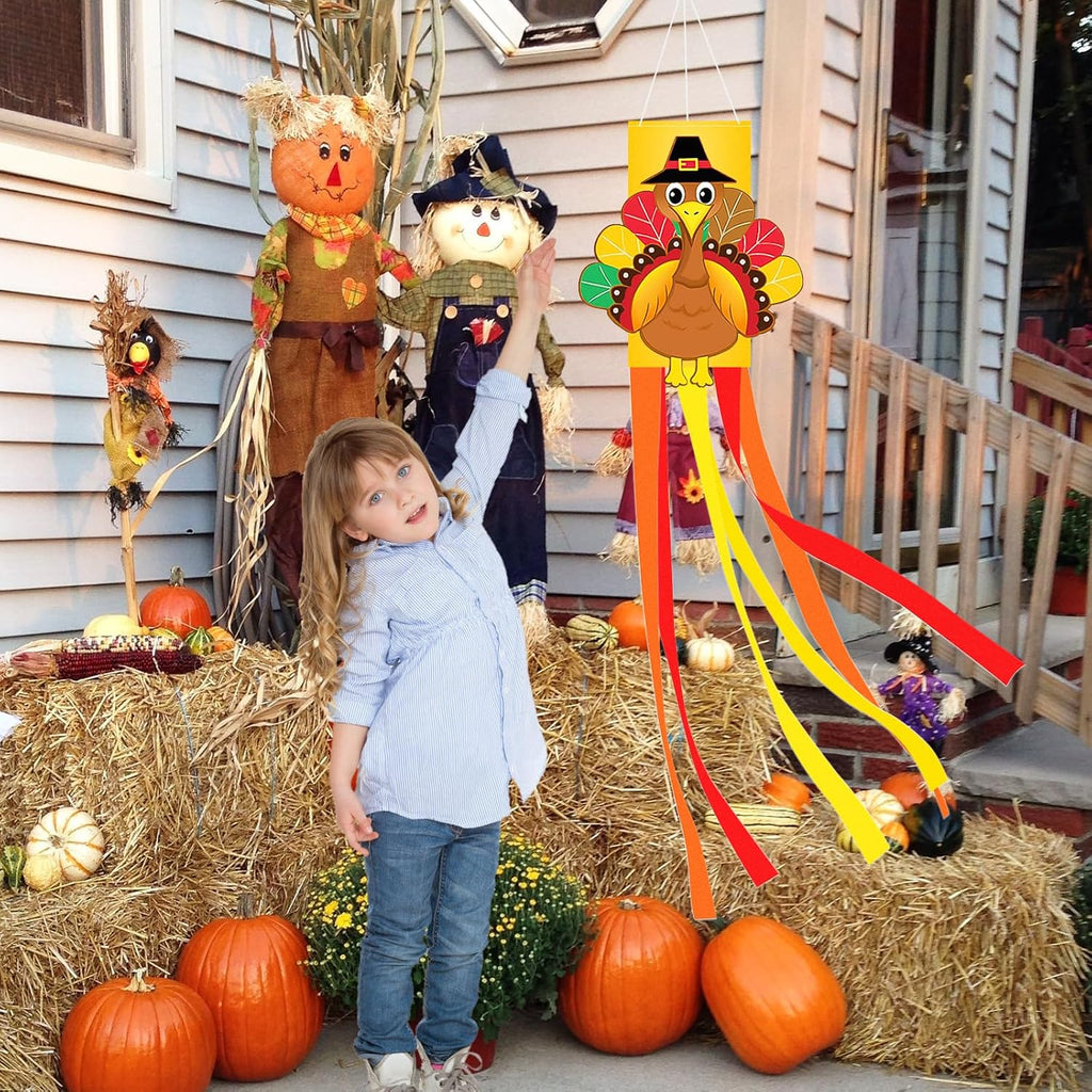 40 Inches Thanksgiving Turkey Windsock Decoration, Hanging Outdoor Fall Decor with Pilgrim Hat and Colorful Streamers, Festive Harvest-Themed Wind Sock Ornament for Garden, Patio, and Yard