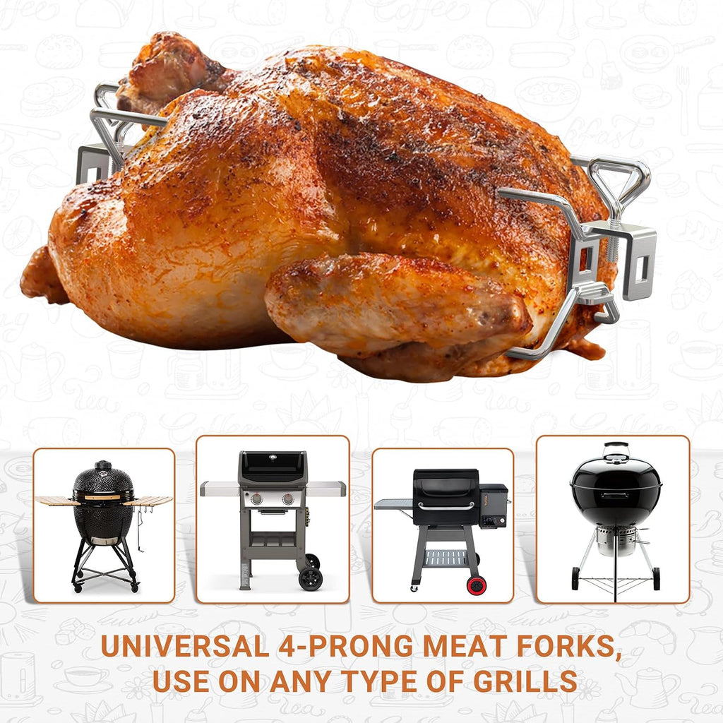 6102 Stainless Steel Rotisserie Meat Forks, For Any Gas/Charcoal Grills | 1-Pair, Fits for 3/8" and 5/16" Square Spit Rods