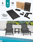 SERWALL Patio Chaise Lounge Chair Set of 2, 78'' Long 5-Positions Adjustable HDPE Outdoor Lounger for Pool, Poly Lounge Chair with Rolling Wheels & Cup Holder for Poolside, Deck, Black