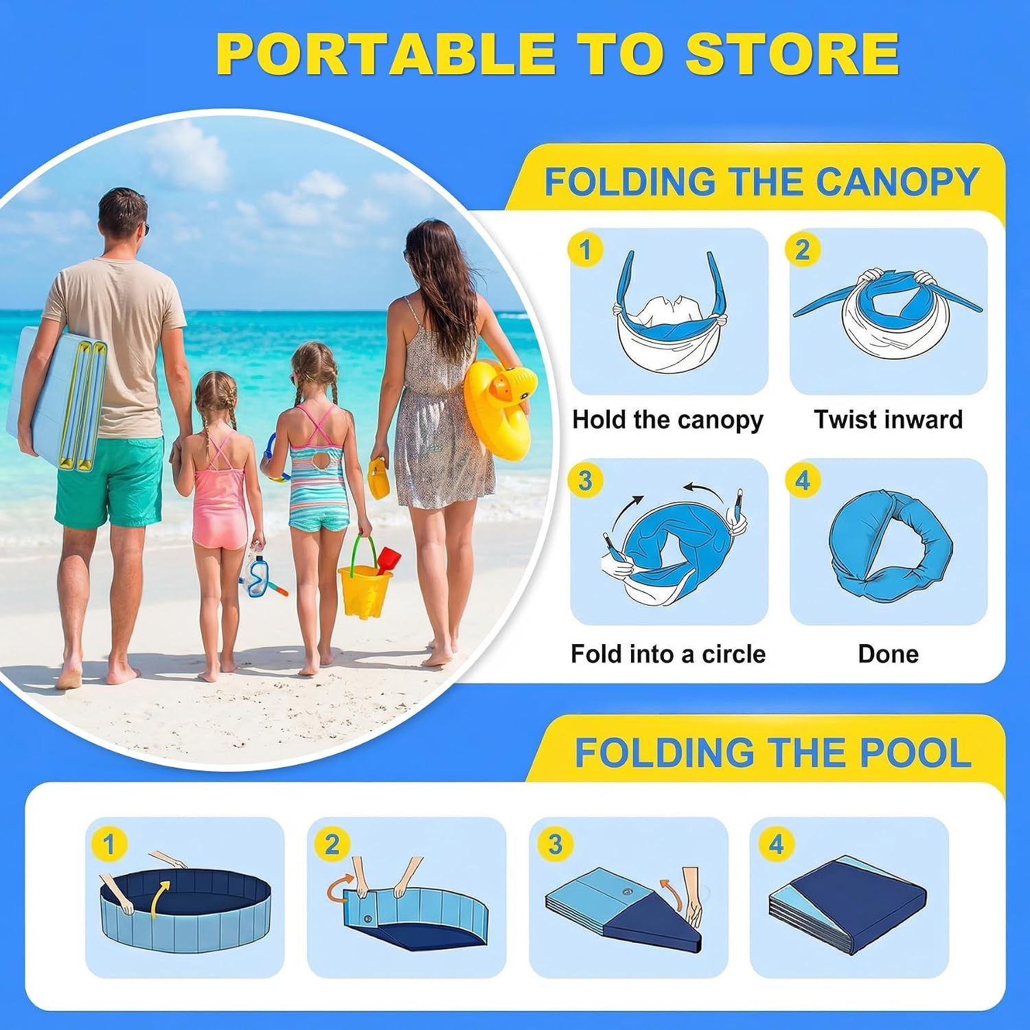 Kiddie Pool with Canopy, Large Foldable Pool Detachable UPF 50+ Sunshade | 48in Pool, Removable Sunshade, Foldable, Non Slip, Swimming Pool Beach Essentials Tent with Shade for Outdoor Backyard Beach