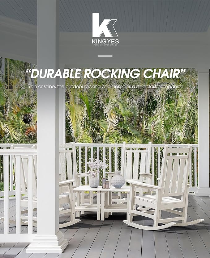 KINGYES Oversized Outdoor Rocking Chair Set of 4, All-Weather Patio Rocking Chairs for Porch, HDPE Outdoor Patio Rockers with High Back & Wide Seat for Garden, Lawn, White