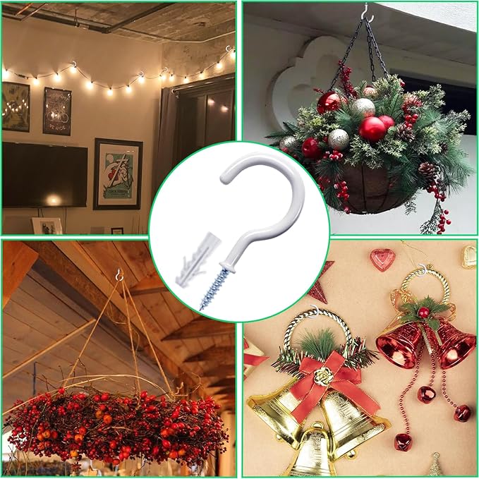 12 Pcs Ceiling Hooks for Hanging Plants, Cups, Utensils and Christmas String Lights, 1-1/4 inch Vinyl Coated Screw-in Plant and Cup Hooks for Wooden and Drywall with Anchors - White