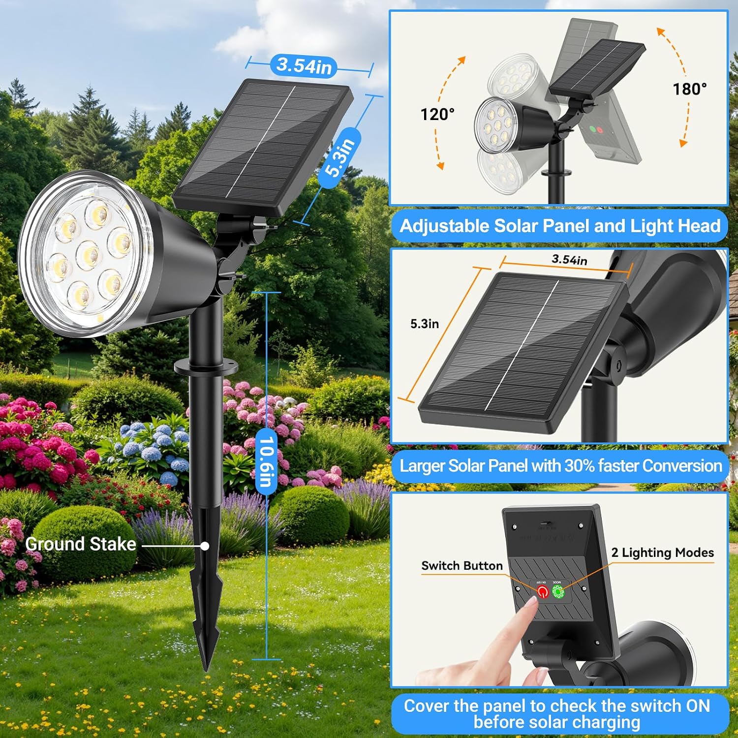 Solar Spot Lights Outdoor Cool White, 1000LM Big Adjustable Solar Lights Outdoor Waterproof, 2-in-1 Bright Solar Powered Spotlights Landscape Lighting for Garden, Yard, Pathway, Tree, Flag