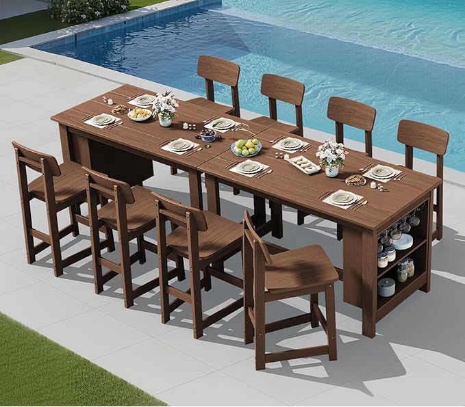 SERWALL Outdoor Bar Table and Chairs Set, 5-Piece HDPE Counter Height Patio Dining Sets with Storage and Wine Rack, Rectangular High Top Bar Table with 4 Bar Stools for Garden, Backyard, Brown