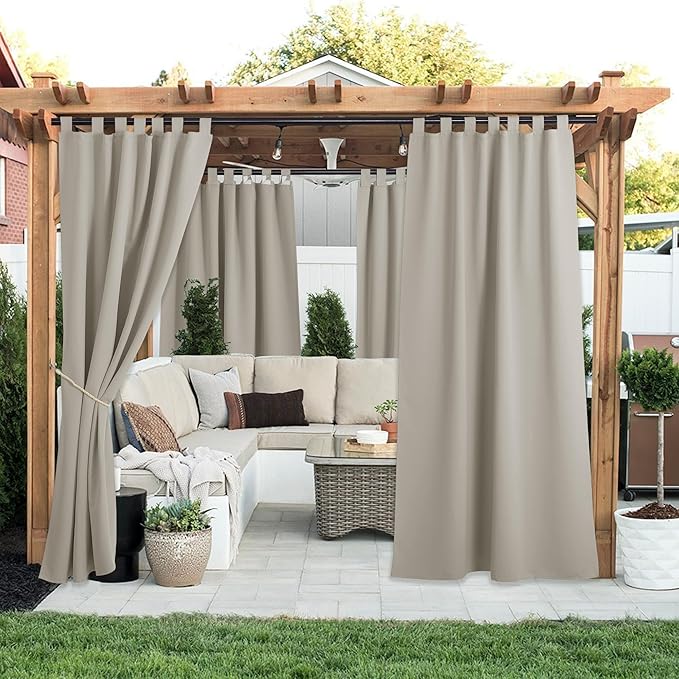 NICETOWN 2 Panels Natural Outdoor Patio Curtainss Waterproof, Detachable Sticky Tab Top Thermal Insulated Privacy Indoor Outdoor Drapes Cold & Heat Block Room Darkening for Pergola, W52 x L95