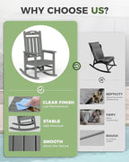 Oversized Rocking Chair Outdoor, High Back Porch Rocker Chair, HDPE All Weather Resistant Rocking Chairs for Patio, 380lbs Weight Capacity, Grey