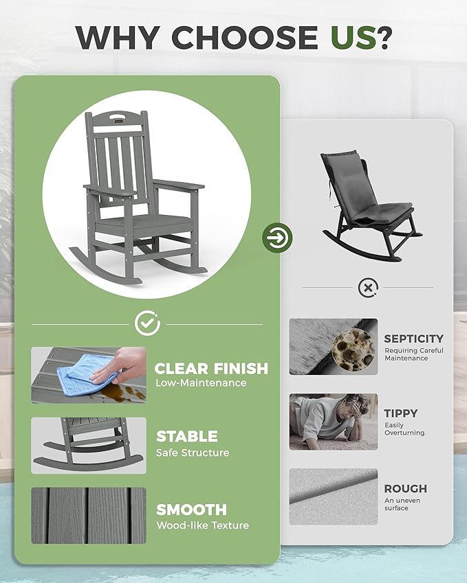 Oversized Rocking Chair Outdoor, High Back Porch Rocker Chair, HDPE All Weather Resistant Rocking Chairs for Patio, 380lbs Weight Capacity, Grey