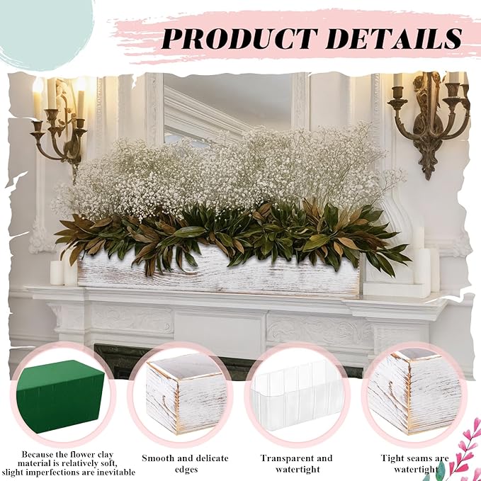 Dandat 4 Set Wood Boxes for Centerpieces 16x4 Inch Rectangle Wooden Planter Box Rustic Wooden Planters with Removable Plastic Liner Floral Foam Blocks for Christmas Wedding Home Garden Decor(White)