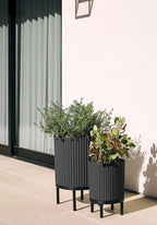 Veradek Demi Series Round Planter w/Stand for Porch/Patio | Durable Plastic-Stone Composite & Wooden Stand | Modern Décor for Tall Plants, Flowers