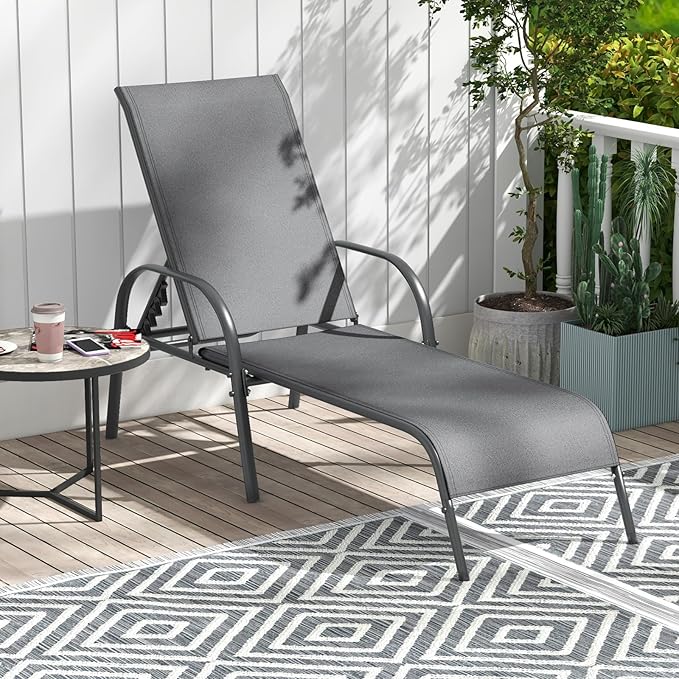 Giantex 2 Pack Patio Lounge Chair, Outdoor Chaise Lounge with 5 Adjustable Backrest, Sturdy Steel Frame, Sunbathing Recliner, Tanning Chair for Beach, Outside, Yard, Balcony, Pool Chairs (2,Dark Gray)