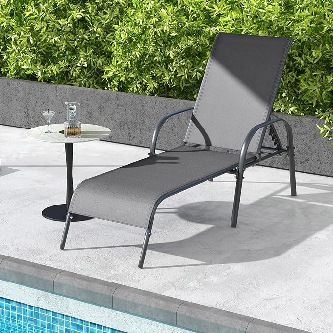 Giantex 2 Pack Patio Lounge Chair, Outdoor Chaise Lounge with 5 Adjustable Backrest, Sturdy Steel Frame, Sunbathing Recliner, Tanning Chair for Beach, Outside, Yard, Balcony, Pool Chairs (2,Dark Gray)