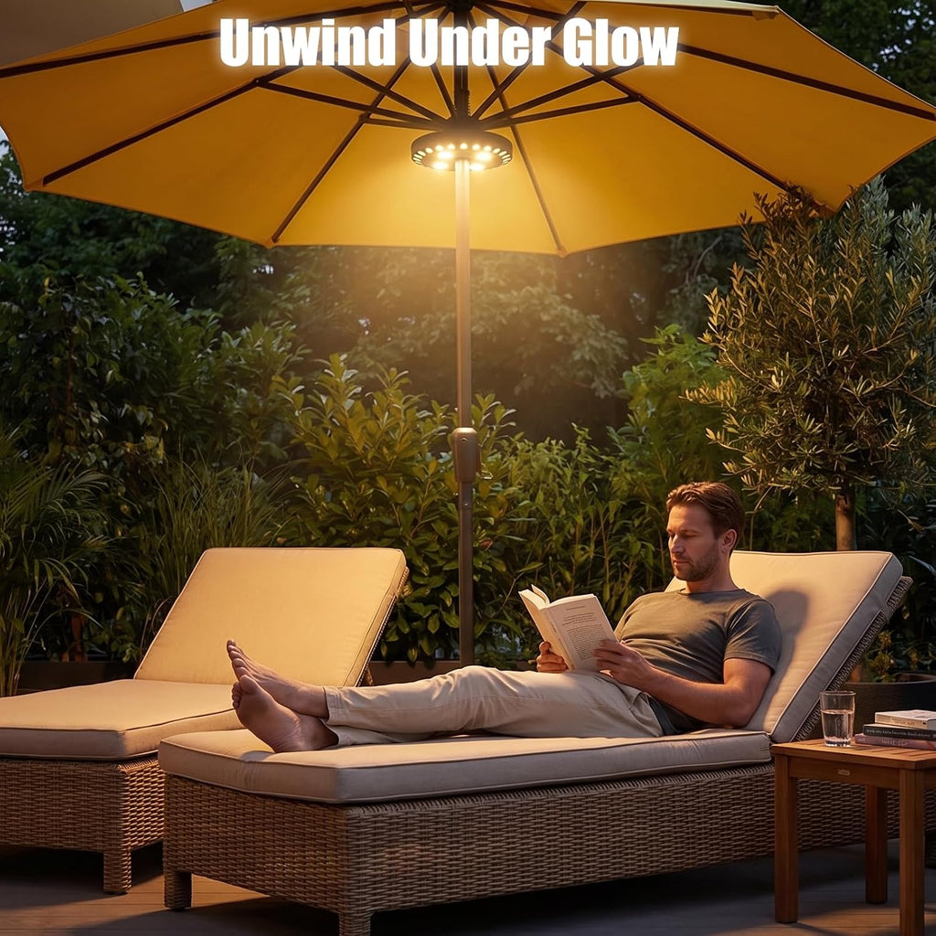 Patio Umbrella Light 3 Brightness Modes Cordless,with 28 Warm White LEDs-4 * AA Battery Operated Umbrella Lights,Fits 1.15"-2" Umbrella Poles,for Patio Umbrellas,Camping Tents and Indoor Use