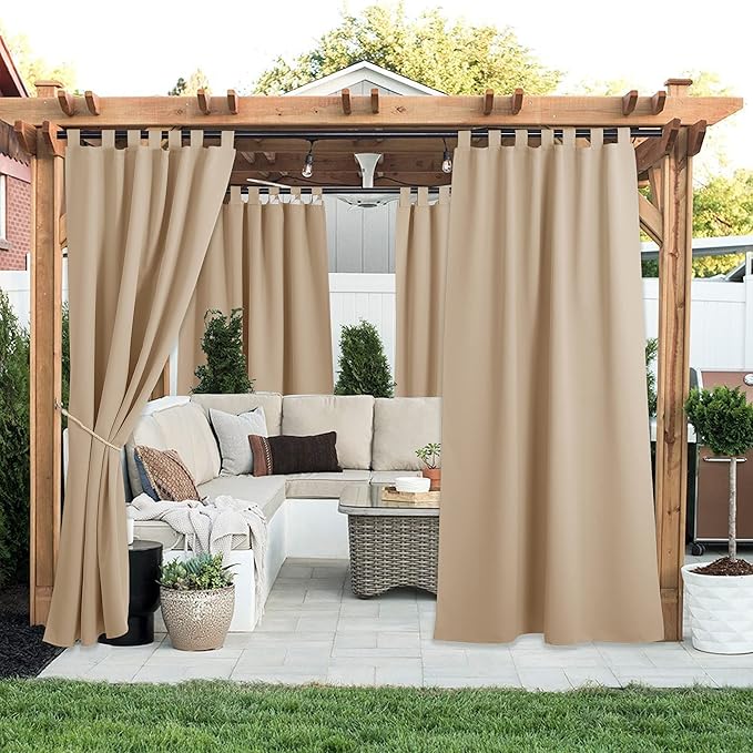NICETOWN 2 Panels Detachable Sticky Tab Top Thick Outdoor Curtains for Patio Waterproof, W52 x L108, Triple Weave Sun Block Wind Prevention, Thick Enough Protect You from Sun/Rain, Biscotti Beige