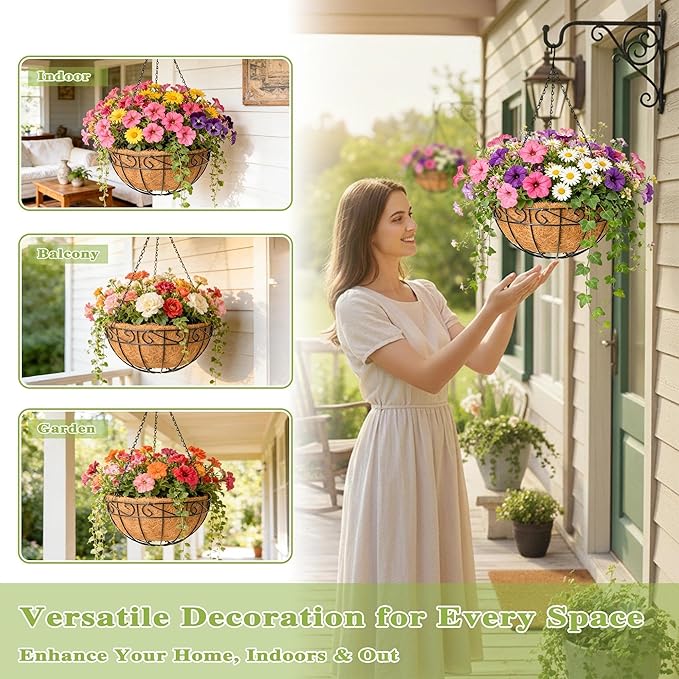 4 Pack 12 Inch Hanging Baskets for Plants Outdoor Metal Hanging Planter Hanging Flower Baskets with Coco Fiber Liners Chain Round Wire Plant Holder Flower Pots(Plaid)