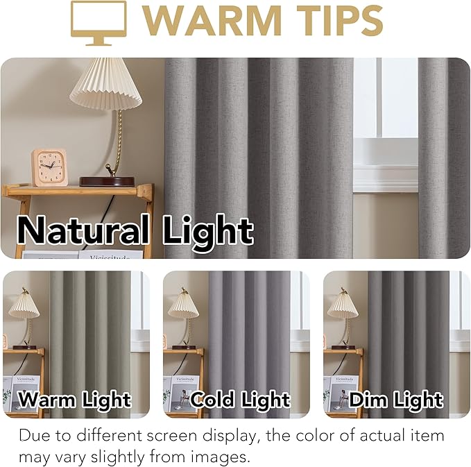 H.VERSAILTEX Linen Curtains 100% Blackout Curtains for Bedroom 108 inch Long Full Light Blocking Nature Linen Blended Window Curtains for Living Room Nickel Grommet (2 Panels, Heathered Dove)