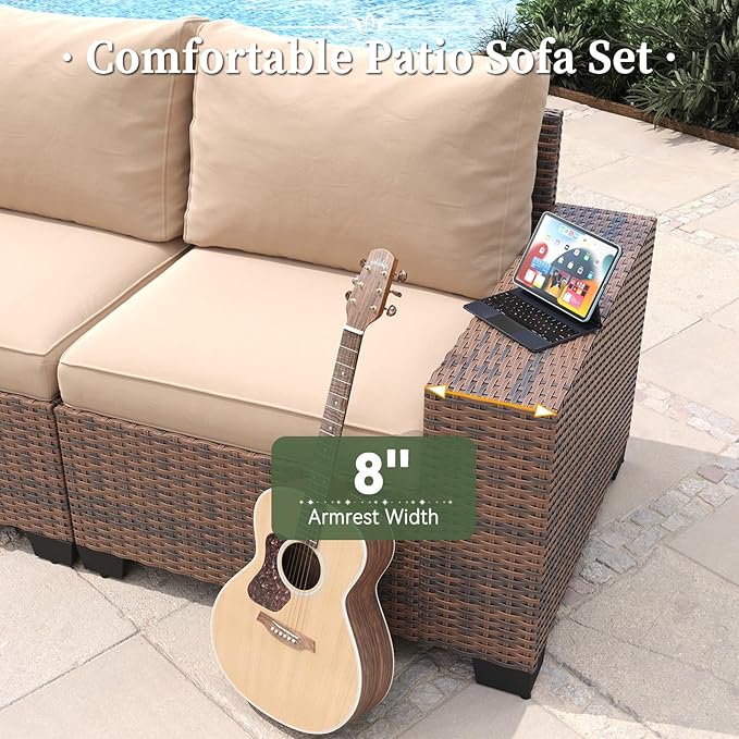 Aoxun 7 Piece Patio Furniture Set with Wide Armrests & 44” Fire Pit Table Wicker Rattan Outdoor Sectional Sofa Set with Coffee Table and Thickened Cushions, Brown/Beige(Waterproof Cover Included)