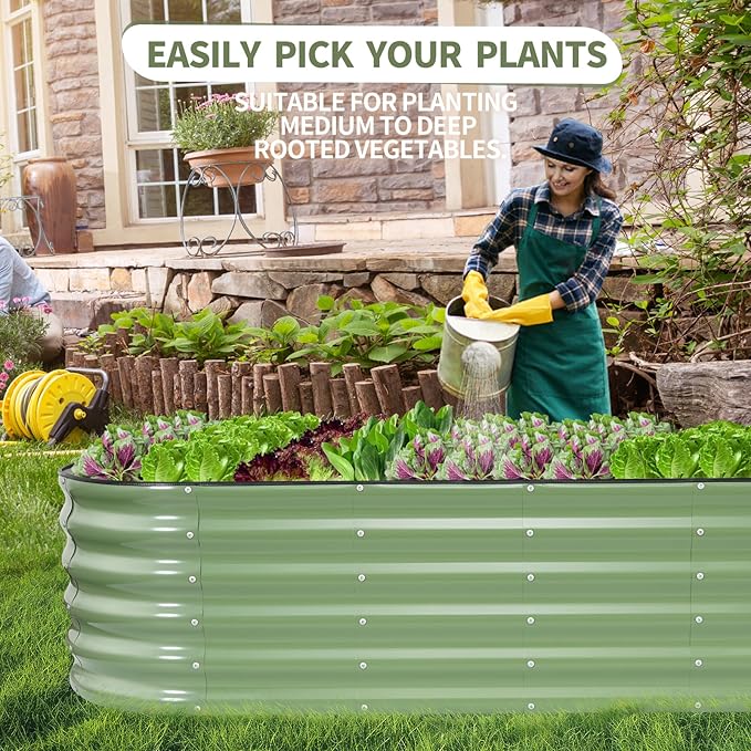 Galvanized Raised Garden Bed - 8x2x1.4FT Metal Planter Boxes Outdoor | Oval Steel Raised Bed Kit for Gardening with Protective Tape, Bracing Rods, Gloves for Vegetables, Flower, Herb (Green)