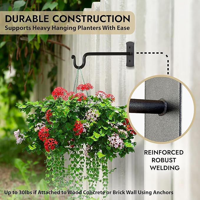 RTZEN Plant Hangers Indoor or Outdoor - Wrought Iron Metal Hanger Indoor Hook - Heavy Duty Wall Bracket Hooks for Hanging Plants Baskets Lanterns Wind Chimes - 2 Pack (Black Shepherds Hooks 10")