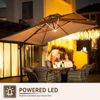 10 X 13 FT Cantilever Outdoor Patio Umbrella with Base Included Large Heavy Duty 360° Rotation Double Top Offset Rectangular Umbrellas with Led Lights for Backyard Outside Deck, Beige