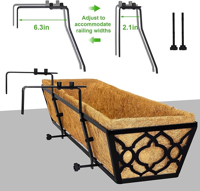 Y&M 24-Inch Window Planter Box 2Pcs Iron Deck Railing With Coco Liner, Metal Horse Troughs for Outdoor Balcony Rail Fence Porch Patio