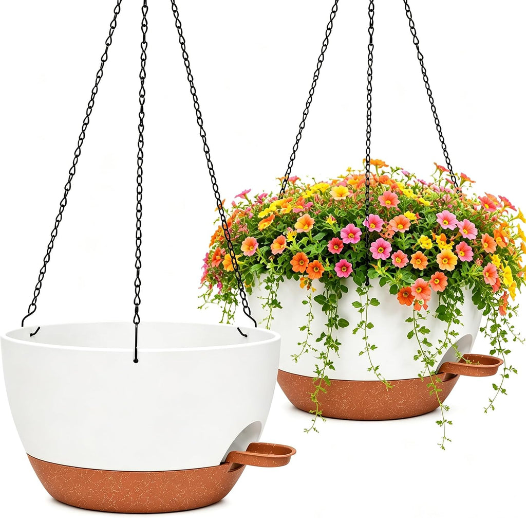12" self watering hanging planters with chains, white, main product view