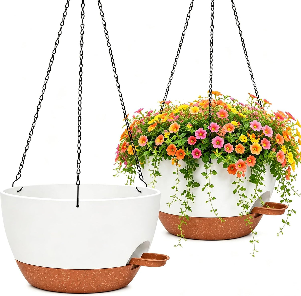 12" self watering hanging planters with chains, white, main product view