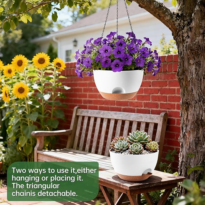 3-Piece Set of 10-Inch Hanging Planters with Automatic Watering System and Drip Tray, Includes Metal Chain, Suitable for Various Indoor and Outdoor Plants and Flowers, White-Brown