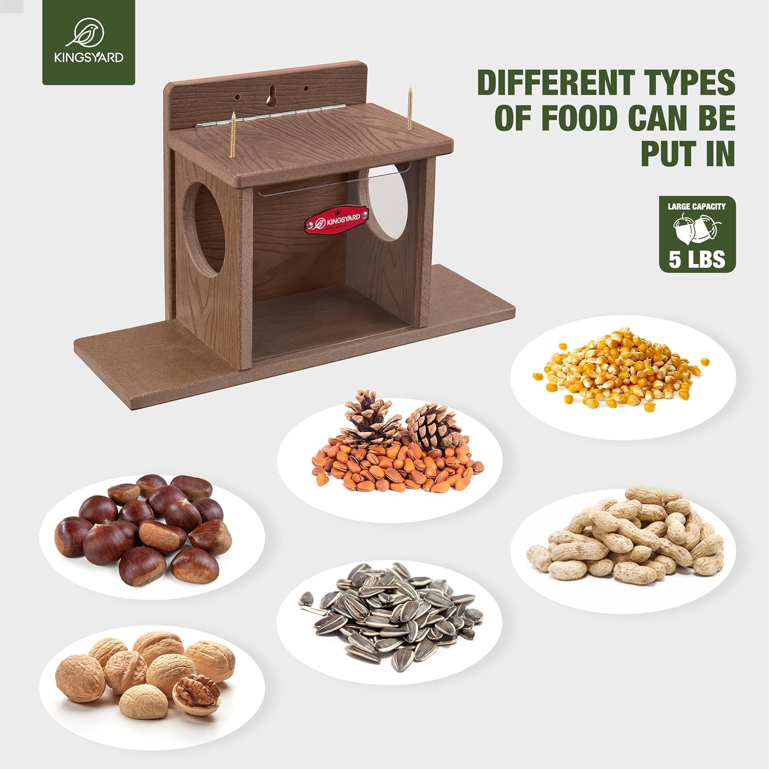 Kingsyard Squirrel Feeder Box for Outside, Recycled Plastic Squirrel Feeder Box with Corn Cob Holders, Easy to Refill & Clean, Weather-Proof (Brown) | Recycled Plastic, Corn Cob Holders, Extended Side Platform, Easy to Refill & Clean, Weatherproof Roof